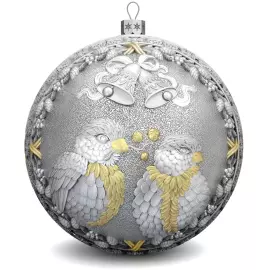 Set of 4 silver Christmas balls "Bullfinches, Snowflakes, Bells and a Happy childhood"